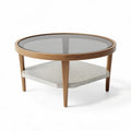 Ronde salontafel van glas en terrazzo met een houten frame 80 x 80 x 40cm