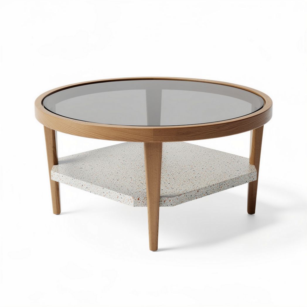 Ronde salontafel van glas en terrazzo met een houten frame 80 x 80 x 40cm