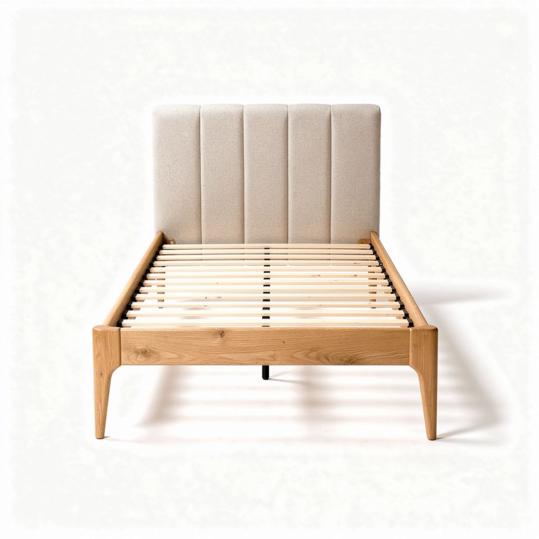Bed met gestoffeerde rugleuning en houten lattenbodem 200 x 150 x 100 cm