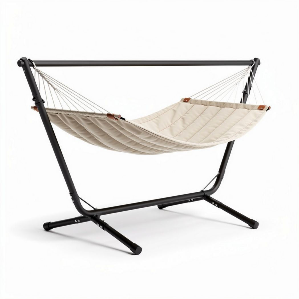 Hangmat met standaard in zwart met beige katoenen stof 200 x 100 x 100cm