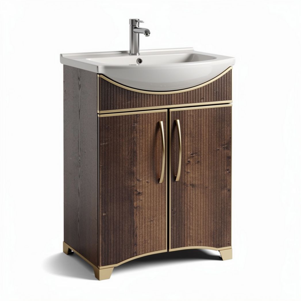 Wastafelmeubel met twee deuren 60 x 40 x 85cm in hout en wit keramiek