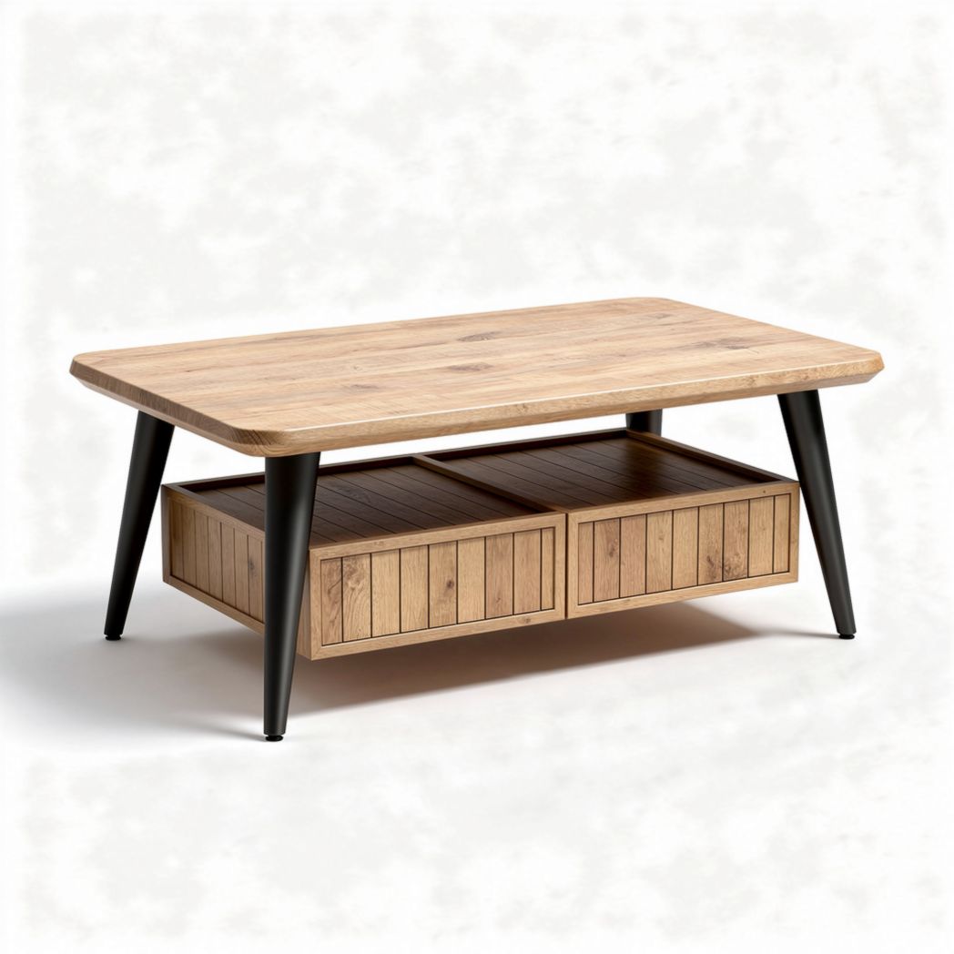 Salontafel van hout met opberglades en metalen poten 110 x 60 x 40cm