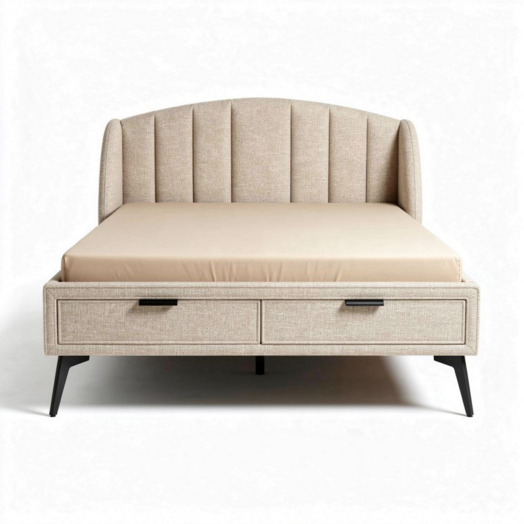 Bed met opberglades en gestoffeerde rugleuning in beige 200 x 160 x 100cm