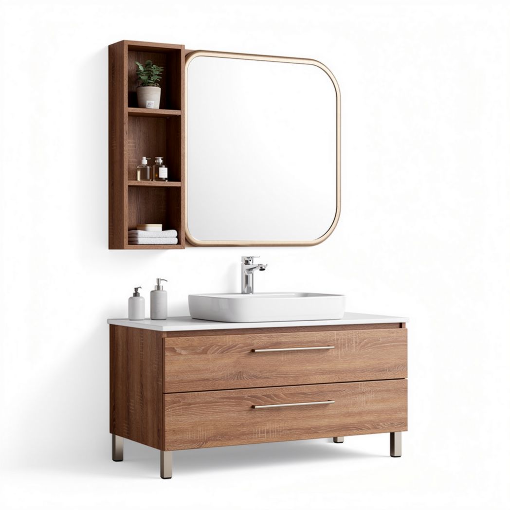 Badmeubelset met spiegel en opbergplank van hout en witblad 90 x 40 x 70cm